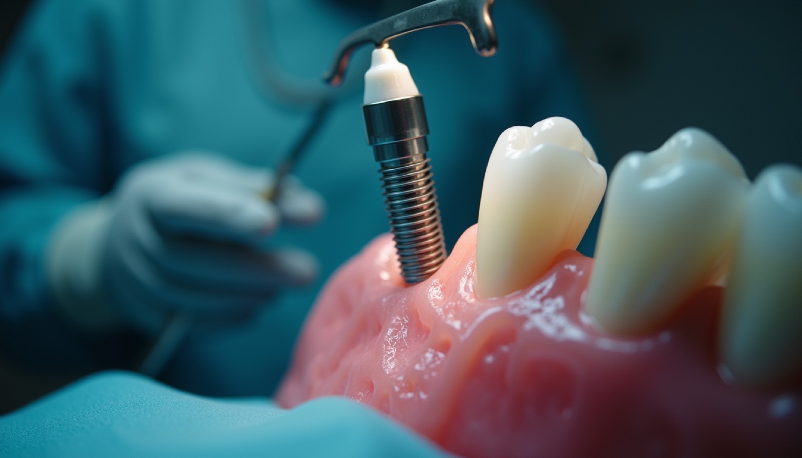 Yakın çekim, çene kemiğine yerleştirilmiş titanyum diş implantı